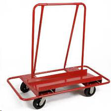 Red panel cart with black wheels.