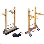 Two wood and metal panel lifters with wheels, a black strap on a white background.