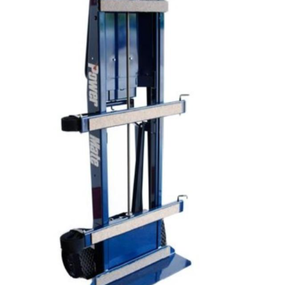 Blue Power Mate material lift with multiple shelves.