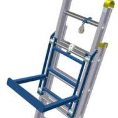 Blue and silver ladder accessory with a platform for standing.