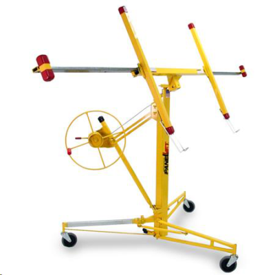 Yellow drywall lift with adjustable arms and a hand crank on wheels.