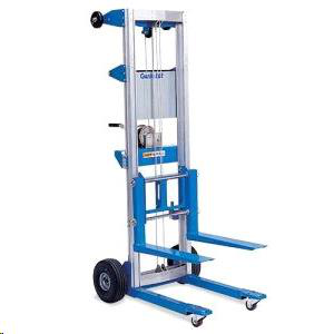 Blue and silver Genie lift with forklift-style forks, used for lifting and moving items.