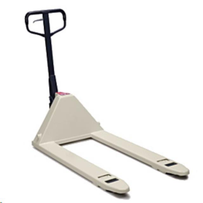 Beige pallet jack with black handle on white background.