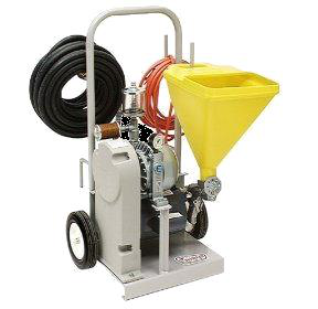 Gray industrial spray machine with a yellow hopper and attached hoses, on wheels.