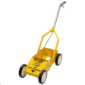 Yellow Vers-A-Striper paint machine with handle and wheels, used for marking lines on pavement.