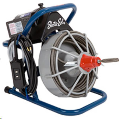 Electric Eel drain cleaning machine, blue frame, gray drum, coiled cable, red handle.
