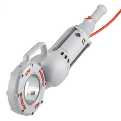 Electric pipe cutter, gray Ridgid 700, with handle and red power cord.