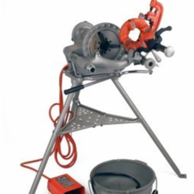 Metal pipe threading machine on a tripod stand, with an attached vise and a bucket underneath.