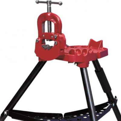 Red and black pipe vise on a tripod stand.