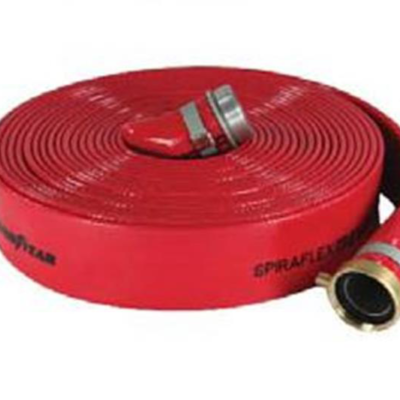 Coiled red fire hose with brass couplings.
