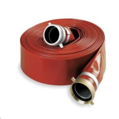 Coiled red fire hose with metal connectors.