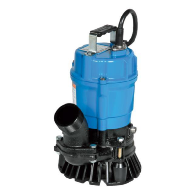 Blue and black submersible water pump with handle and outlet.