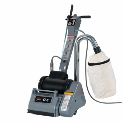 Gray floor sander with dust bag attached.