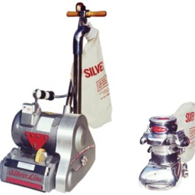 Two silver floor sanders with dust bags; one upright, one kneeling.