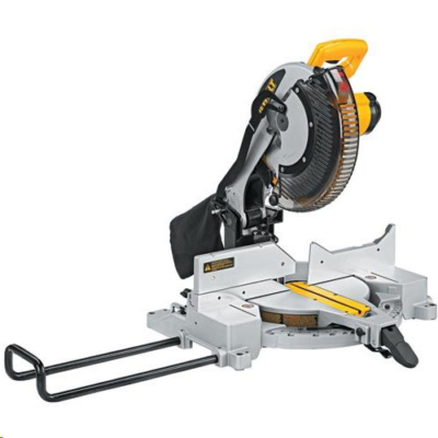 DeWalt miter saw, silver and yellow, angled on a white surface, blade guard up, handle visible.