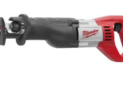 Red and black Milwaukee reciprocating saw, angled view.