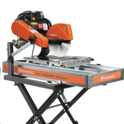 Husqvarna tile saw, orange and silver, on a black stand.