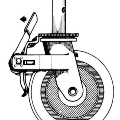 Close-up of a caster wheel with a lever for locking/unlocking the wheel in place.