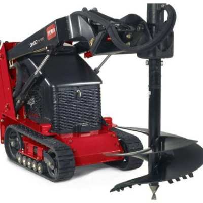 Red Toro Dingo mini skid steer with auger attachment.