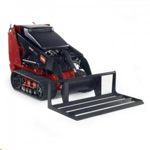 Red and black compact track loader with pallet forks, on white background.