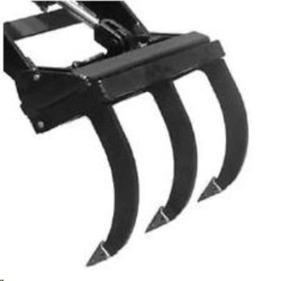 Black metal grapple attachment with three curved tines, attached to a machine.