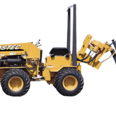 Yellow Astec trencher, side view. Digging arm extended, black roll bar, tires on ground.