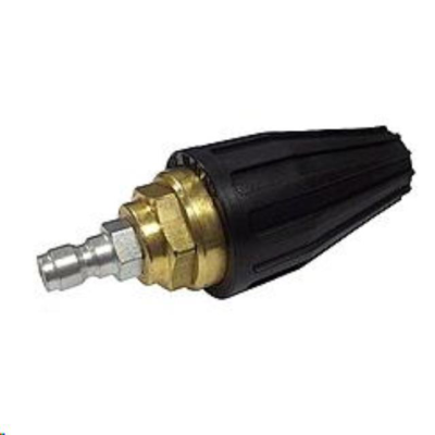 Black and brass pressure washer nozzle with quick-connect fitting, angled on white background.