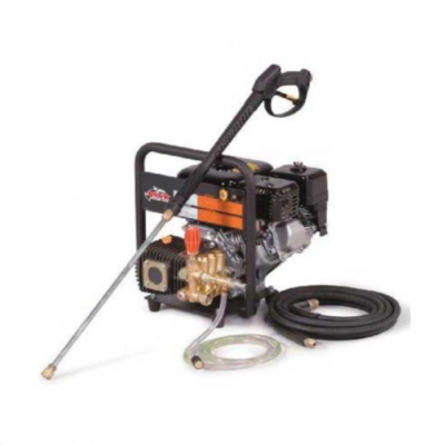 Gas-powered pressure washer with black frame, hose, and spray wand; orange and black engine.