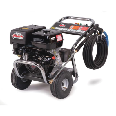 Black and silver pressure washer with a gas engine, hose, and wheels, parked on the ground.