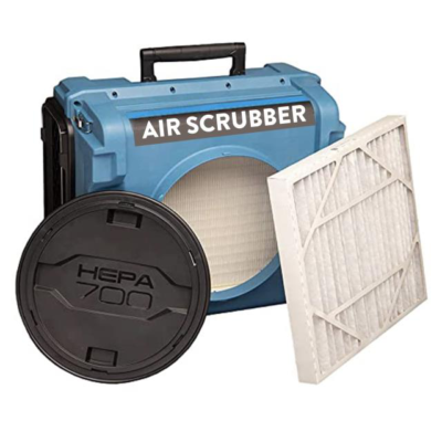 Blue air scrubber with filters and black HEPA 700 lid.