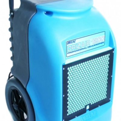Blue Dri-Eaz dehumidifier with black wheels and handle; used for professional drying.