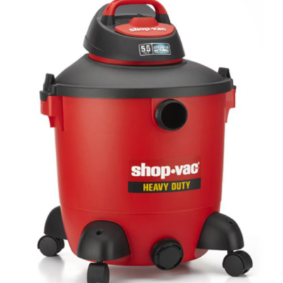 Red Shop-Vac heavy duty vacuum cleaner with black accents and a top handle, sitting on wheels.