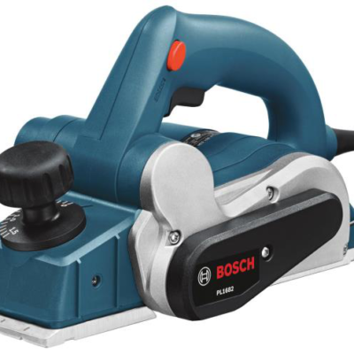 Blue and silver Bosch power planer, depth adjustment knob, red safety button.