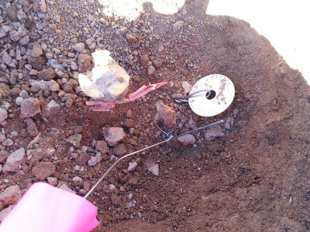 A pink object is laying on the ground next to a fishing hook