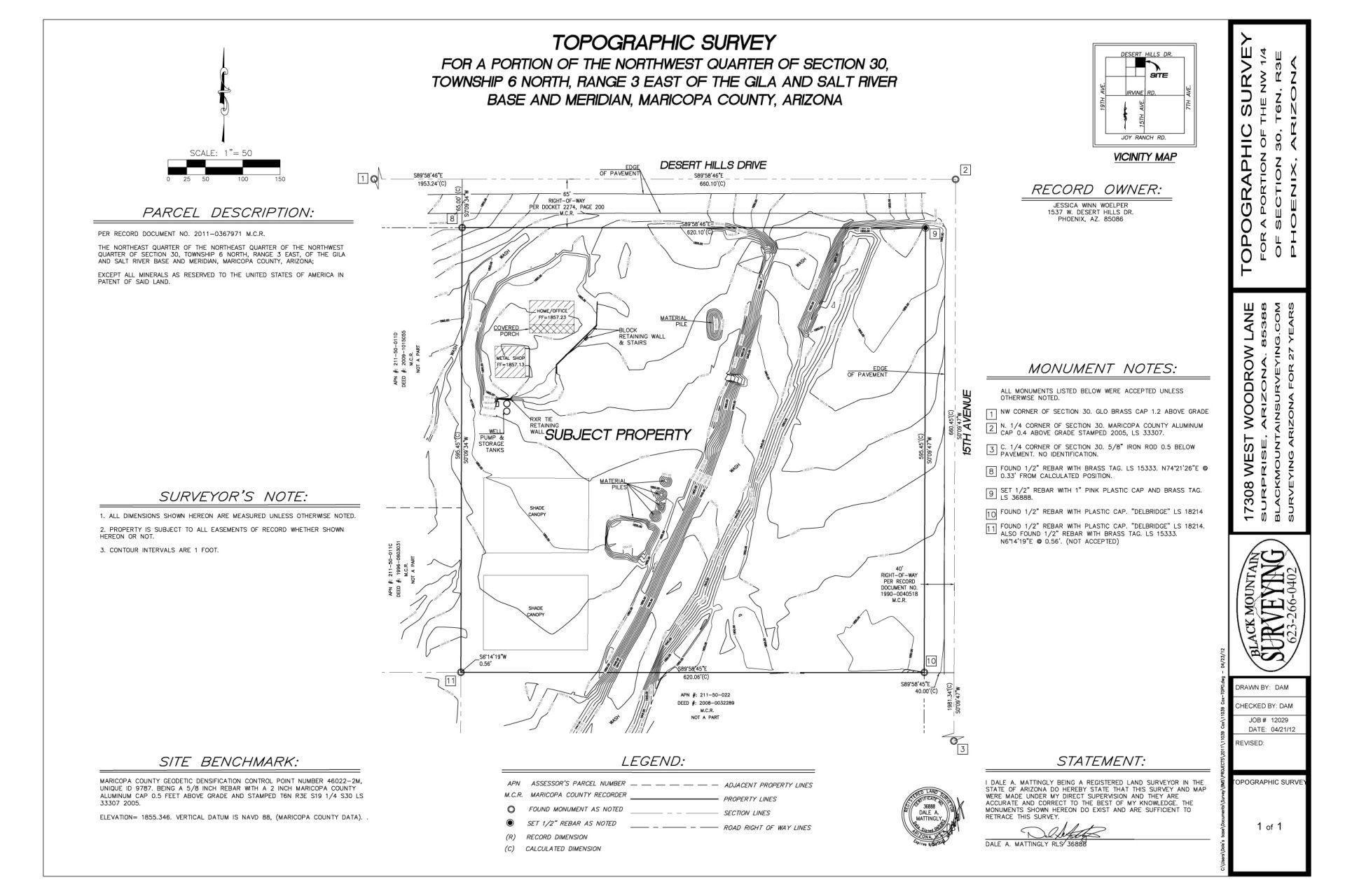A black and white drawing of a topographic survey of a property.