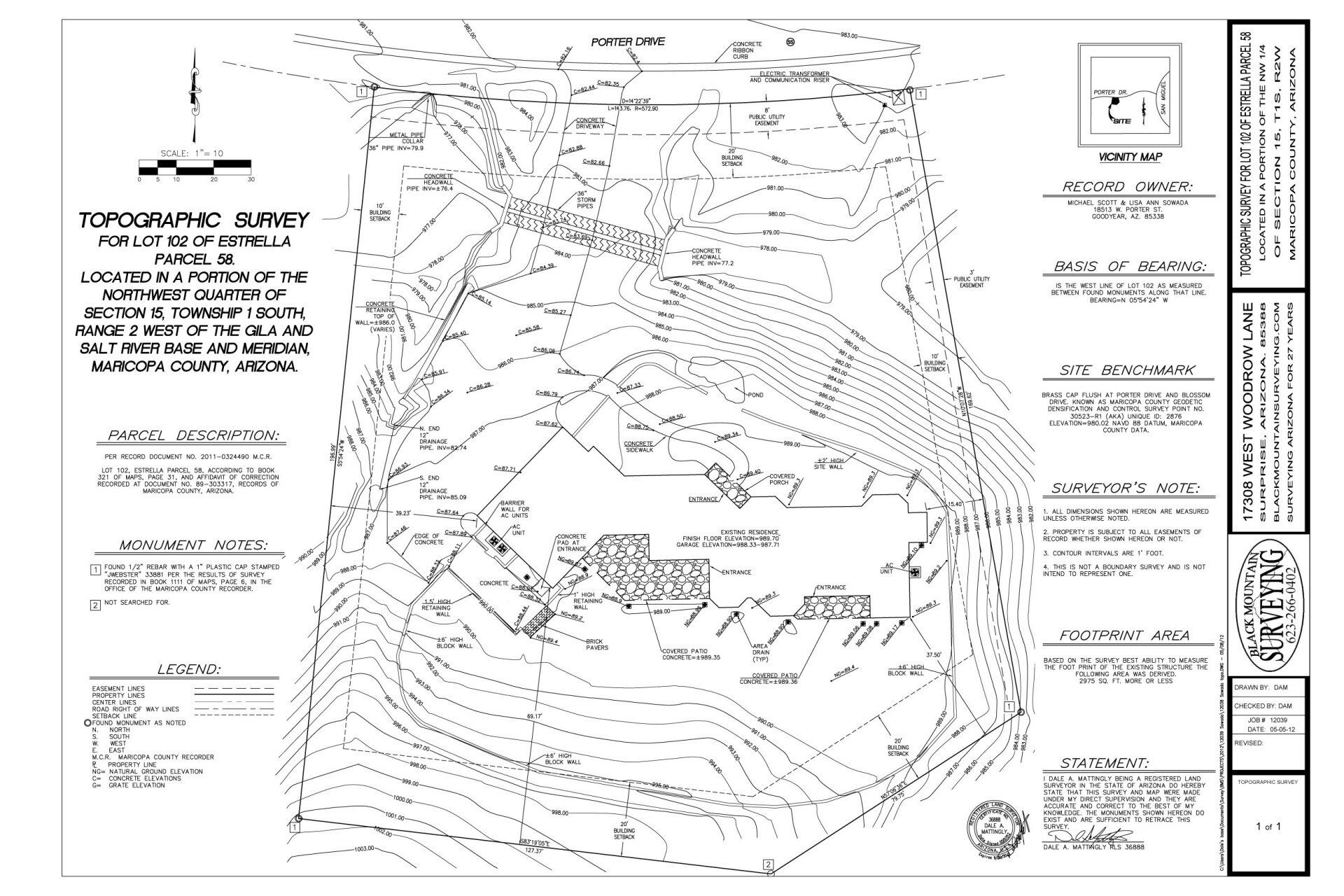 A black and white drawing of a topographic survey of a property.