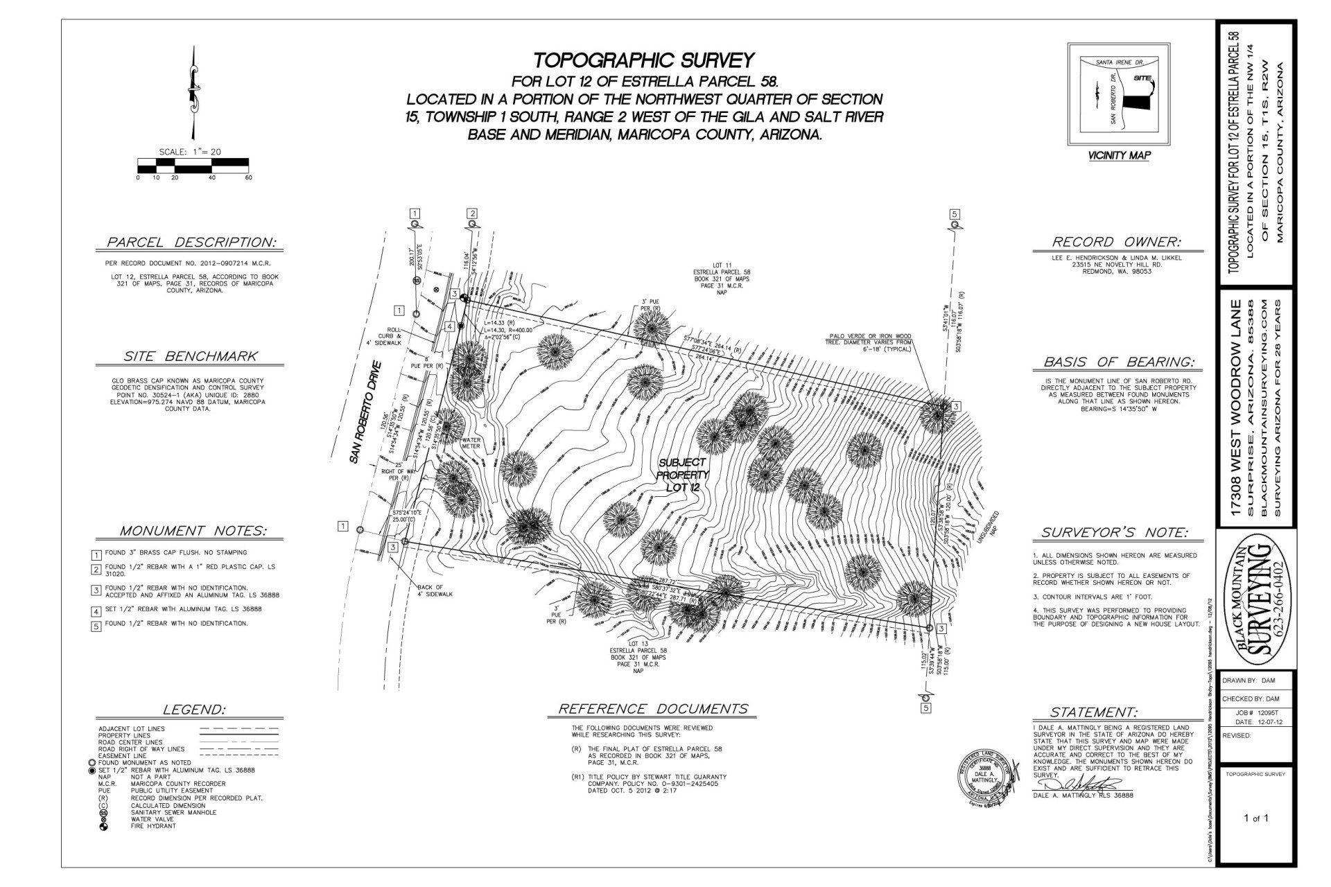 A black and white surveying map of a field with trees on it.