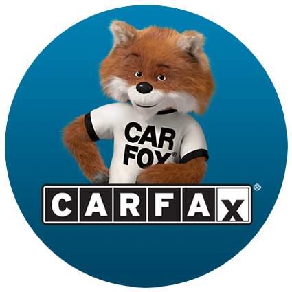 CARFAX Fox mascot in white shirt on blue background with CARFAX logo