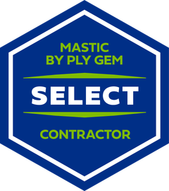 Blue and white hexagon-shaped Mastic by Ply Gem Select Contractor logo with green accents.