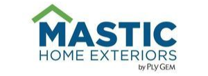 Logo for Mastic Home Exteriors, a home improvement company. Blue text, green roof icon.