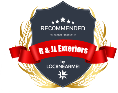 R & JL Exteriors recommended by LOC8NEARME, a shield logo with gold wheat stalks and red ribbon.