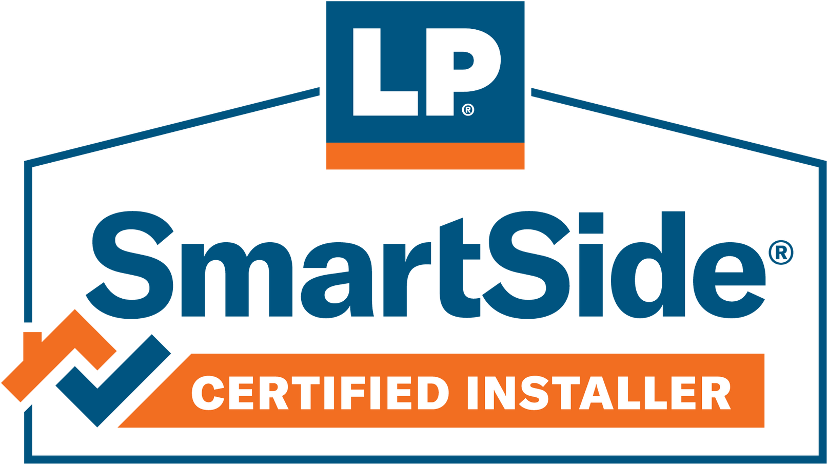 LP SmartSide Certified Installer logo: blue, orange, and white text and house icon.
