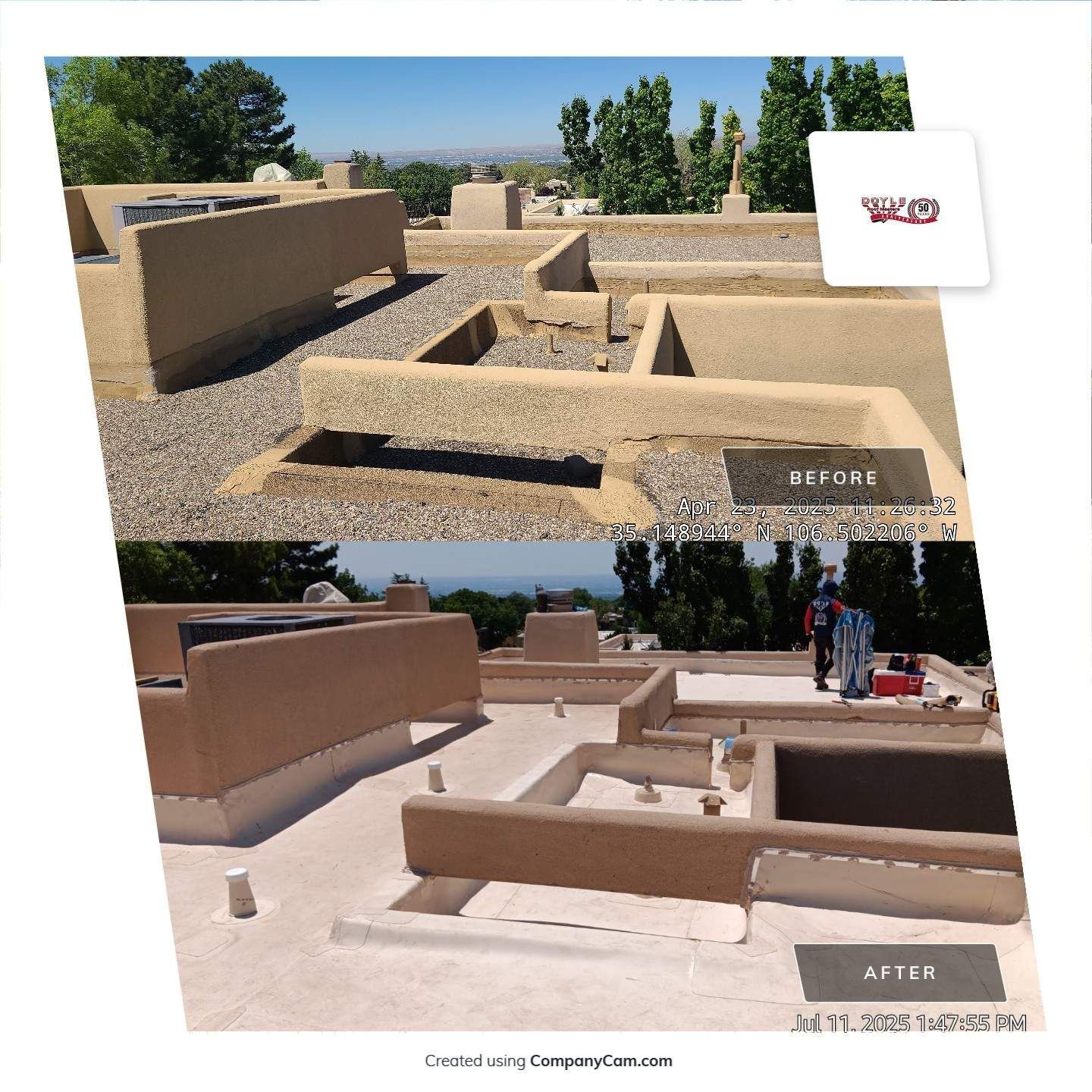Before-and-after of a structure's roof. 