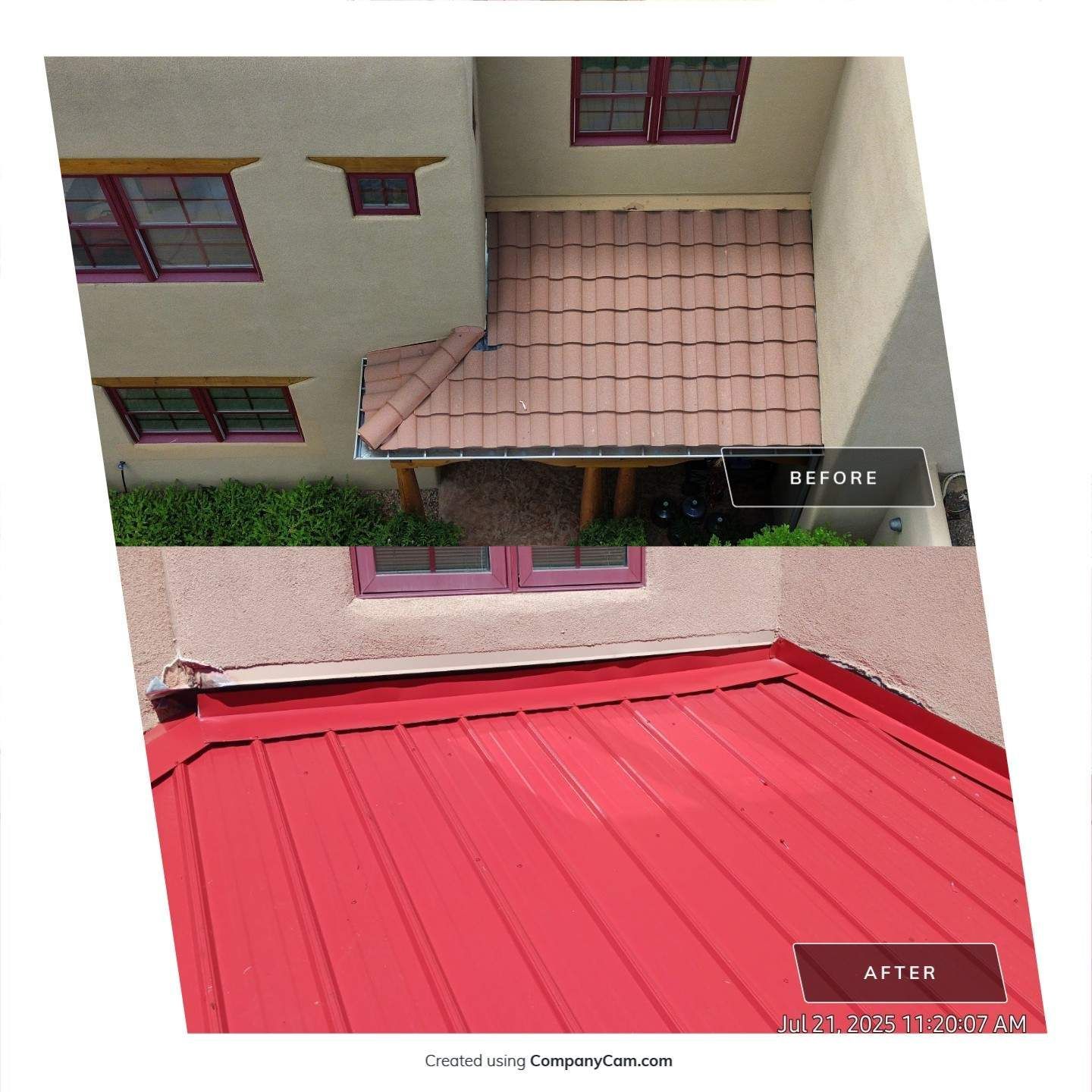 Before and after comparison of a roof. Top half shows a tiled roof, bottom half shows a red metal roof.