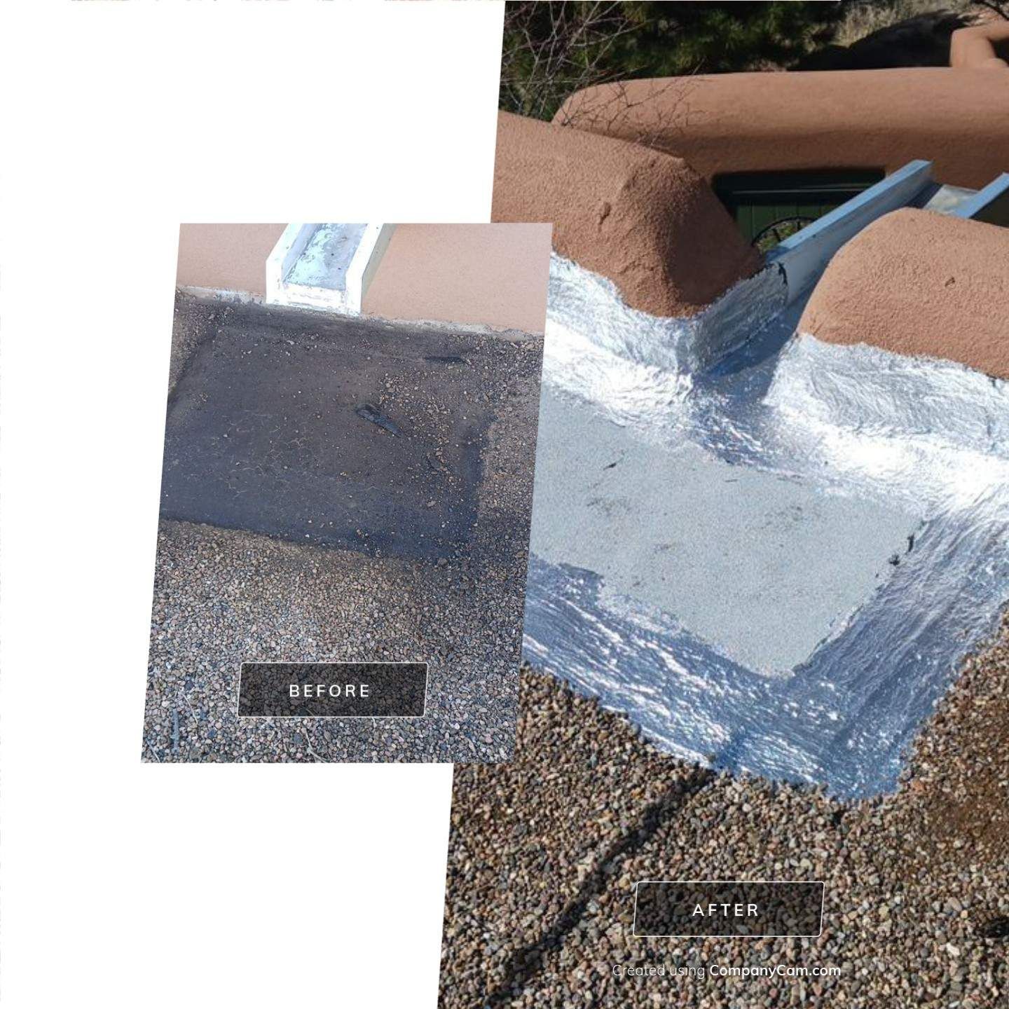Before and after images of roof repair; applying sealant to the roof and a repaired section of the roof.
