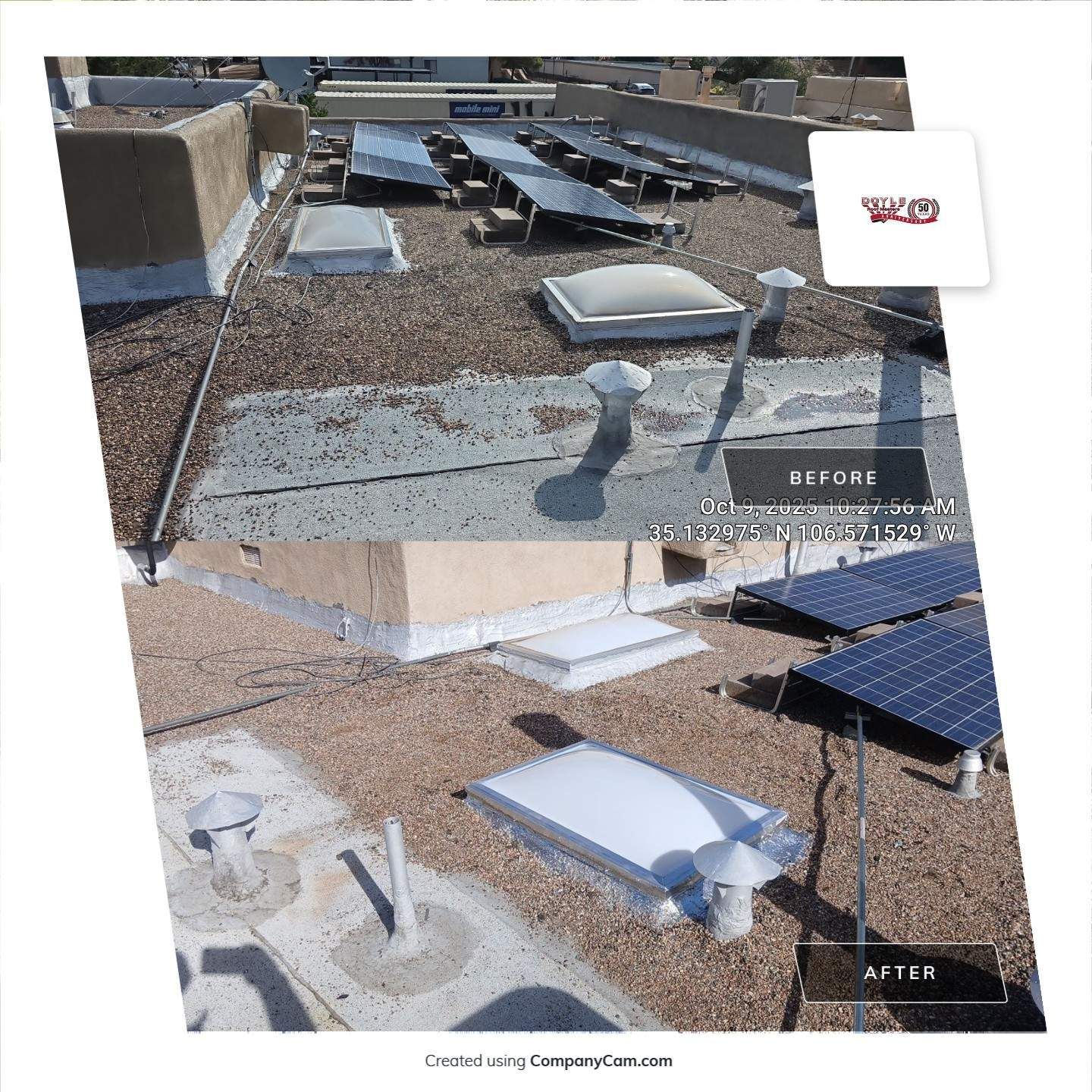 Commercial building roof: Before/after comparison. Solar panels, gravel, skylights; some roof repairs.