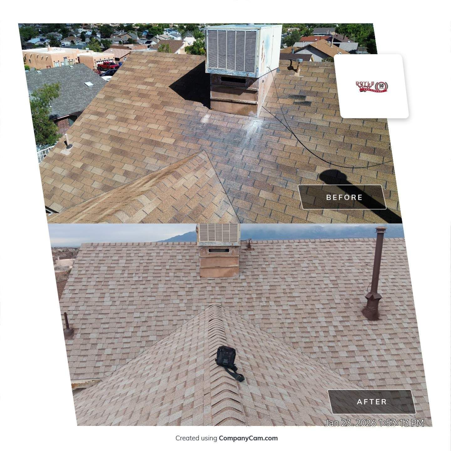 Before and after roof replacement. Top half shows worn shingles. Bottom half displays new tan shingles.
