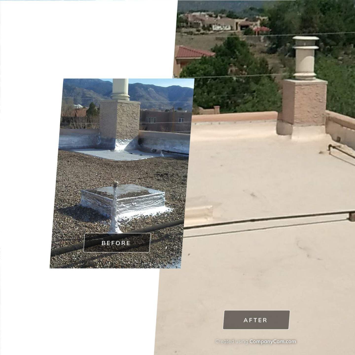 Before and after view of a roof with chimney. Before: gravel and white sealant. After: beige coating.