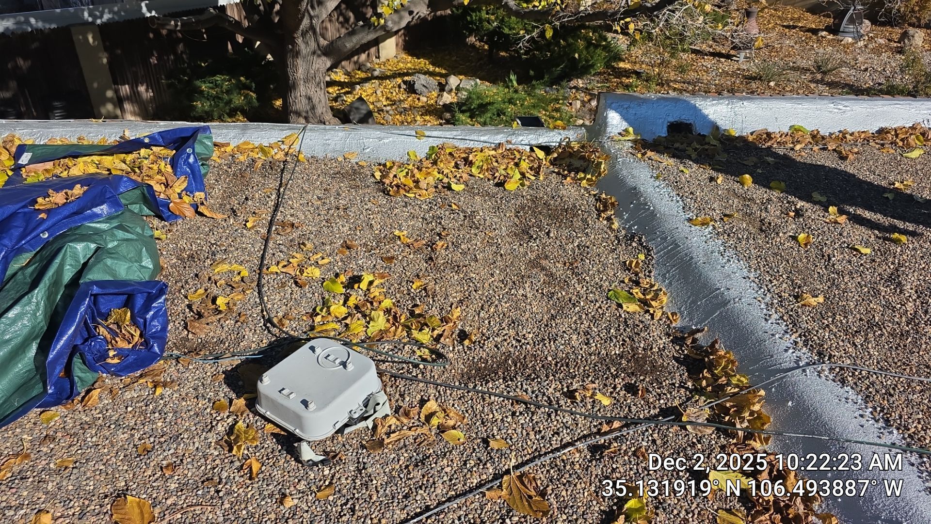 Overhead view of a rooftop covered in yellow leaves, with a blue tarp and a white electrical box.