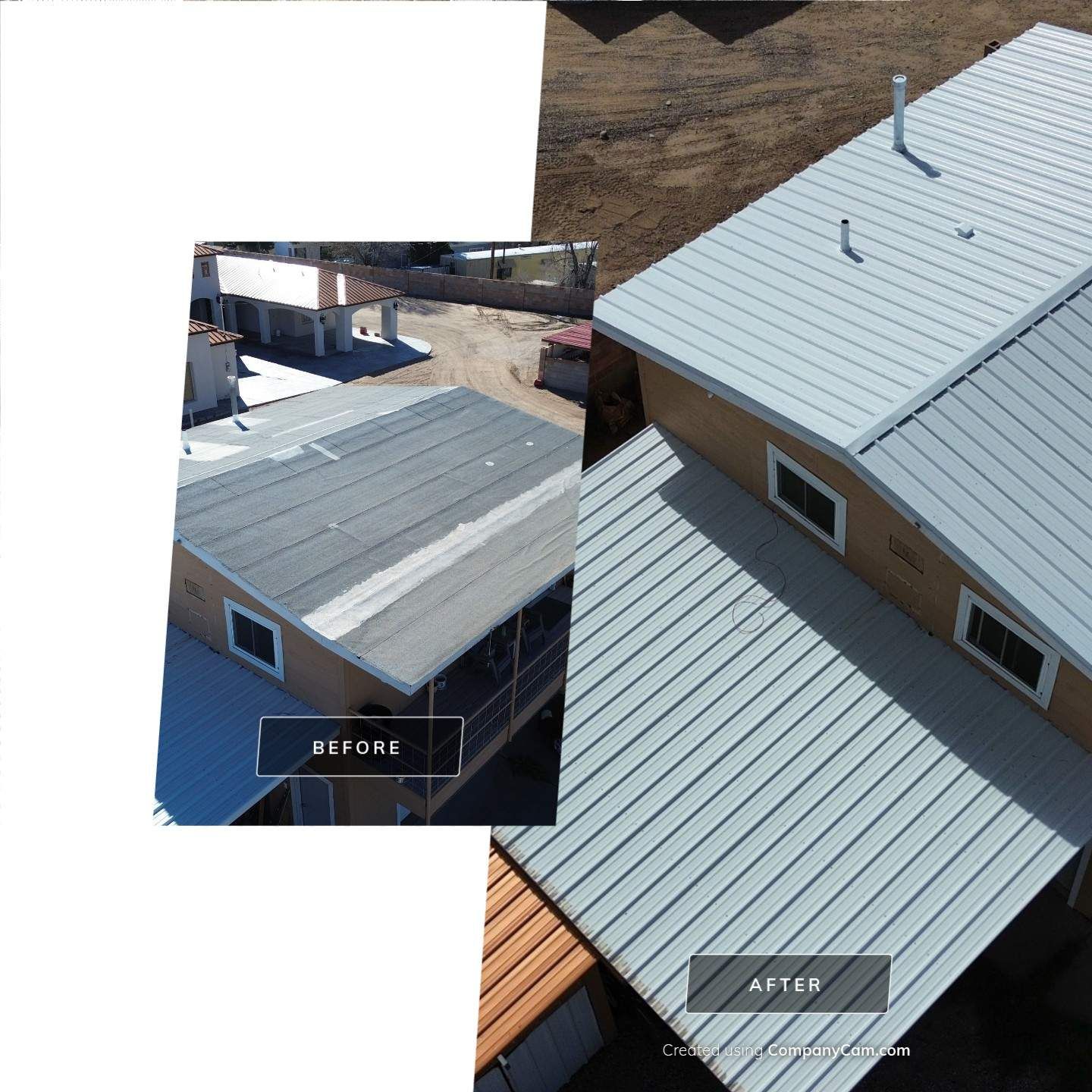 Before-and-after of a metal roof installation. The old roof is shown on the left; the new on the right.